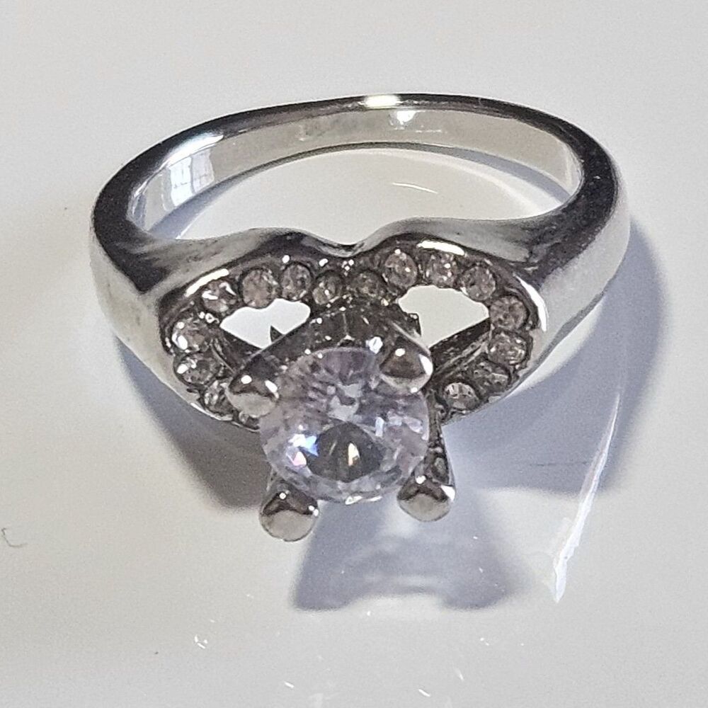 Silver Tone Clear Rhinestone Heart Shaped Ring Size 6.5
